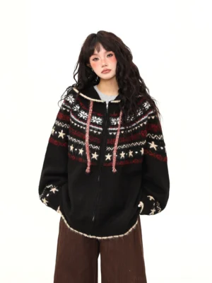Front full body view of black midnight constellation Fair Isle oversized knit zip hoodie with star snowflake jacquard pattern