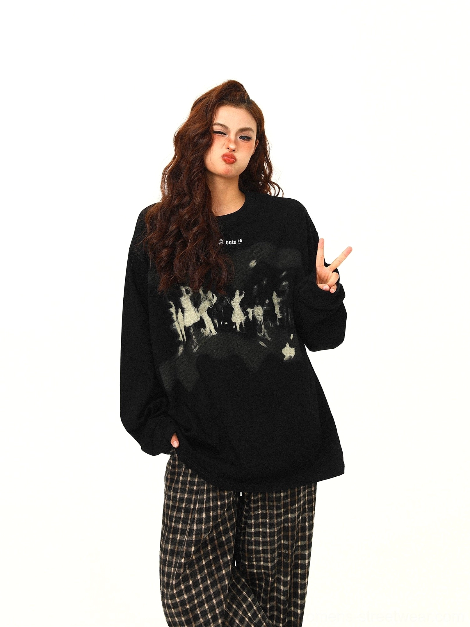 Front view of black oversized crowd graphic sweatshirt with dropped shoulders, long sleeves, and relaxed Korean streetwear fit