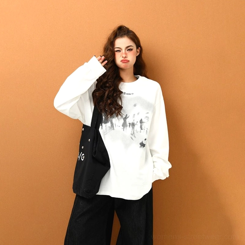 Midnight Crowd white oversized graphic sweatshirt with faded crowd illustration and contemporary East Asian streetwear aesthetic