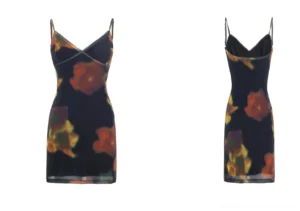 Midnight Ember black floral bodycon camisole mini dress flat lay front view with wrap V neckline and spaghetti straps