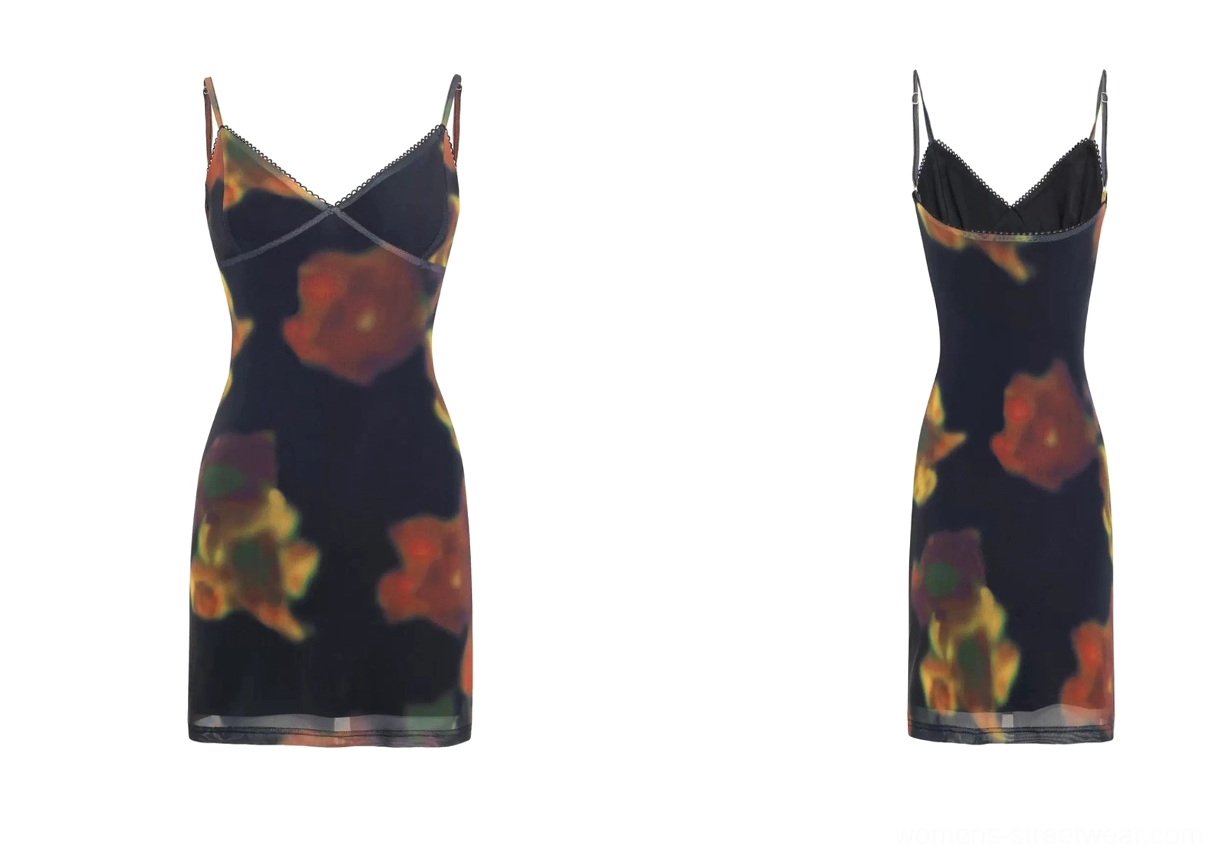 Midnight Ember black floral bodycon camisole mini dress flat lay front view with wrap V neckline and spaghetti straps