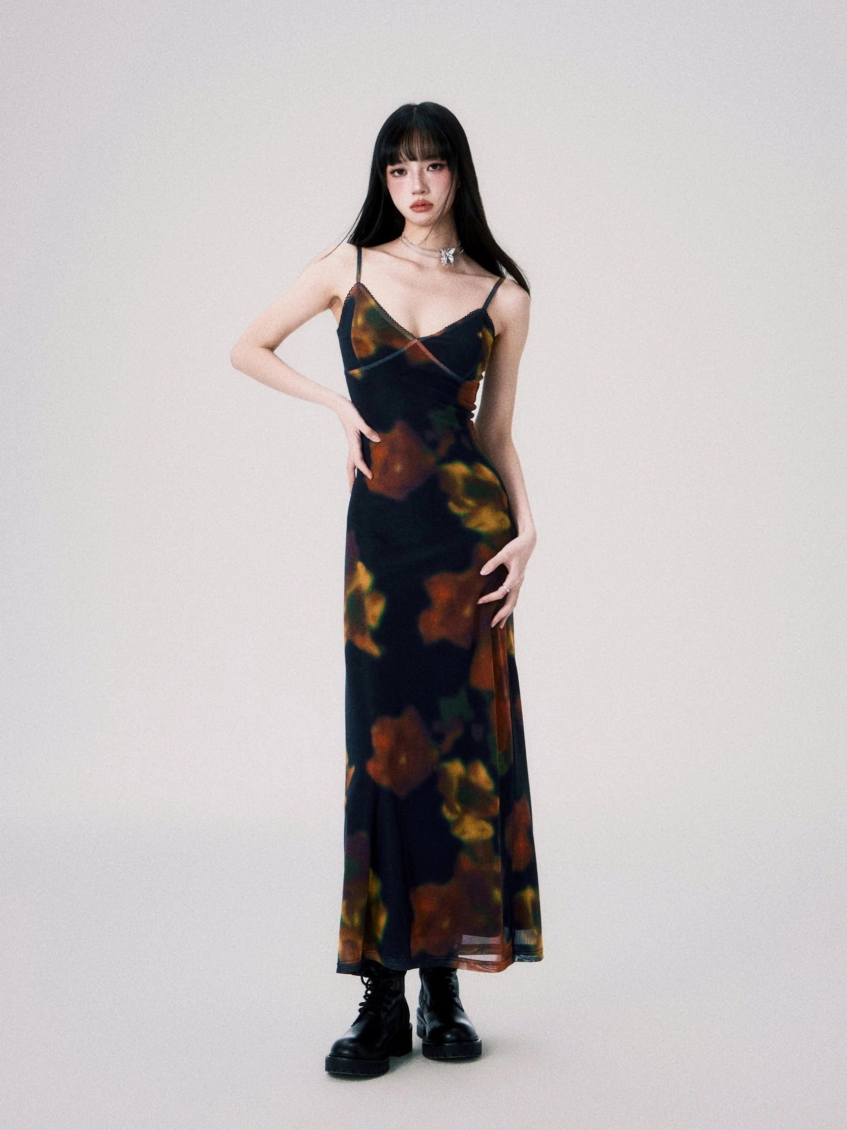 Midnight Ember floral mesh slip maxi dress back view showing open-back spaghetti strap construction and long fitted silhouette