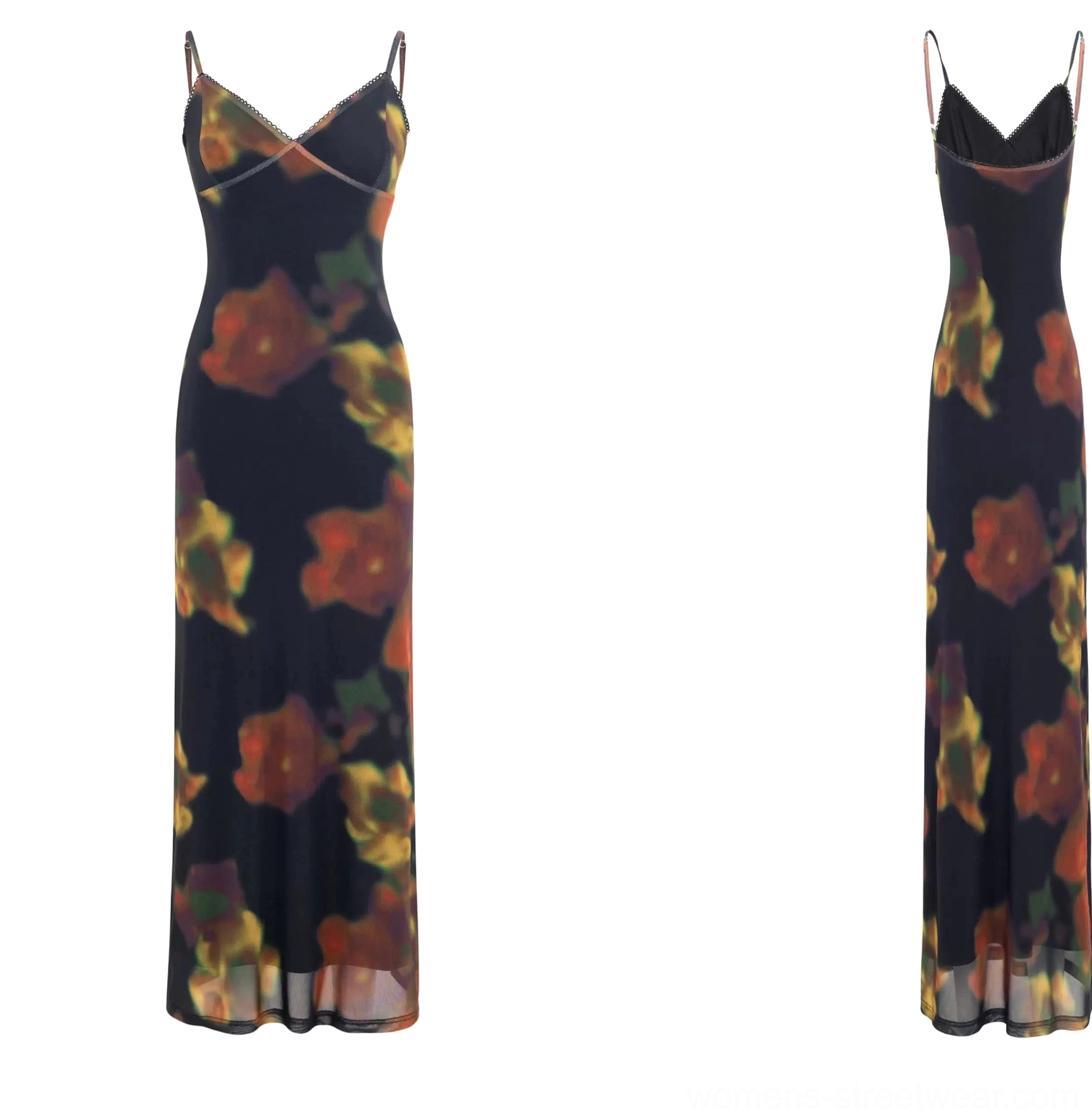 Midnight Ember floral mesh slip mini dress flat lay back view showing the open back and delicate spaghetti straps
