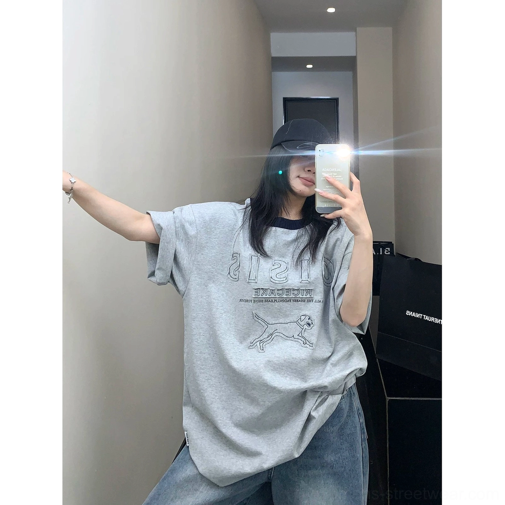 Gray Midnight Hound oversized graphic T-shirt with relaxed silhouette and embroidered streetwear artwork