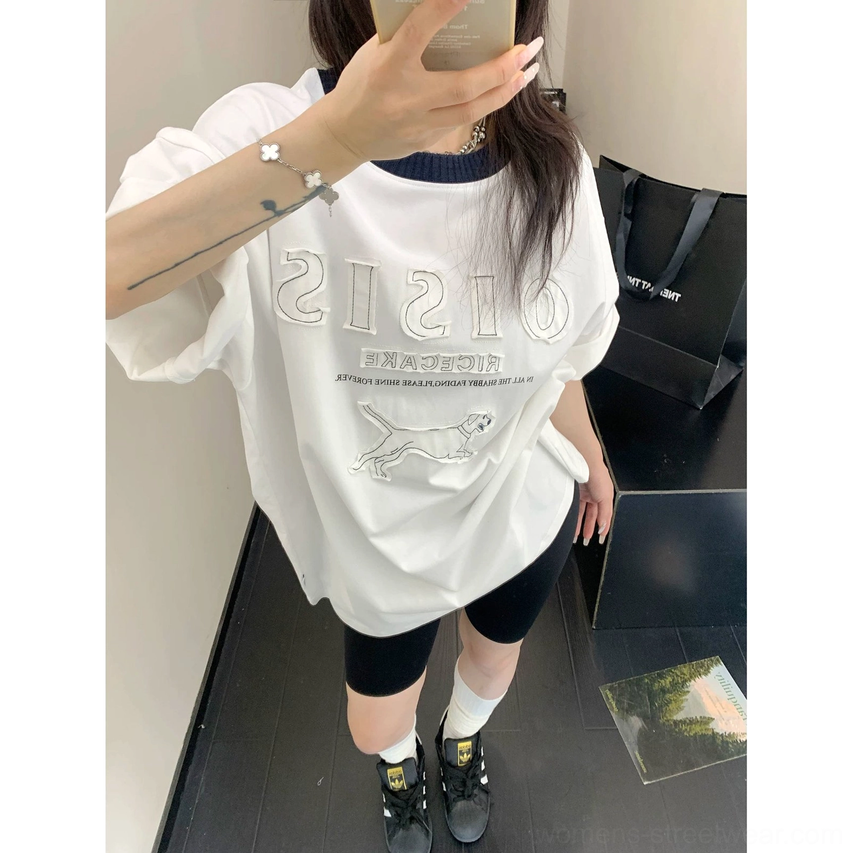 Korean style oversized hound graphic T-shirt with roomy short sleeves and contemporary streetwear proportions