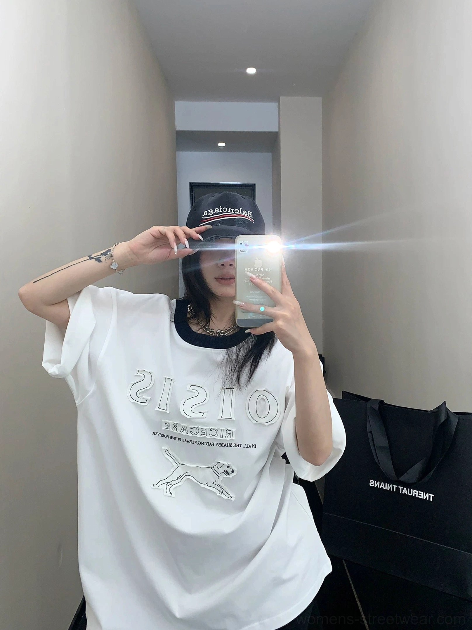 White loose fit oversized hound graphic tee with dark contrast neckline styled for casual Seoul streetwear