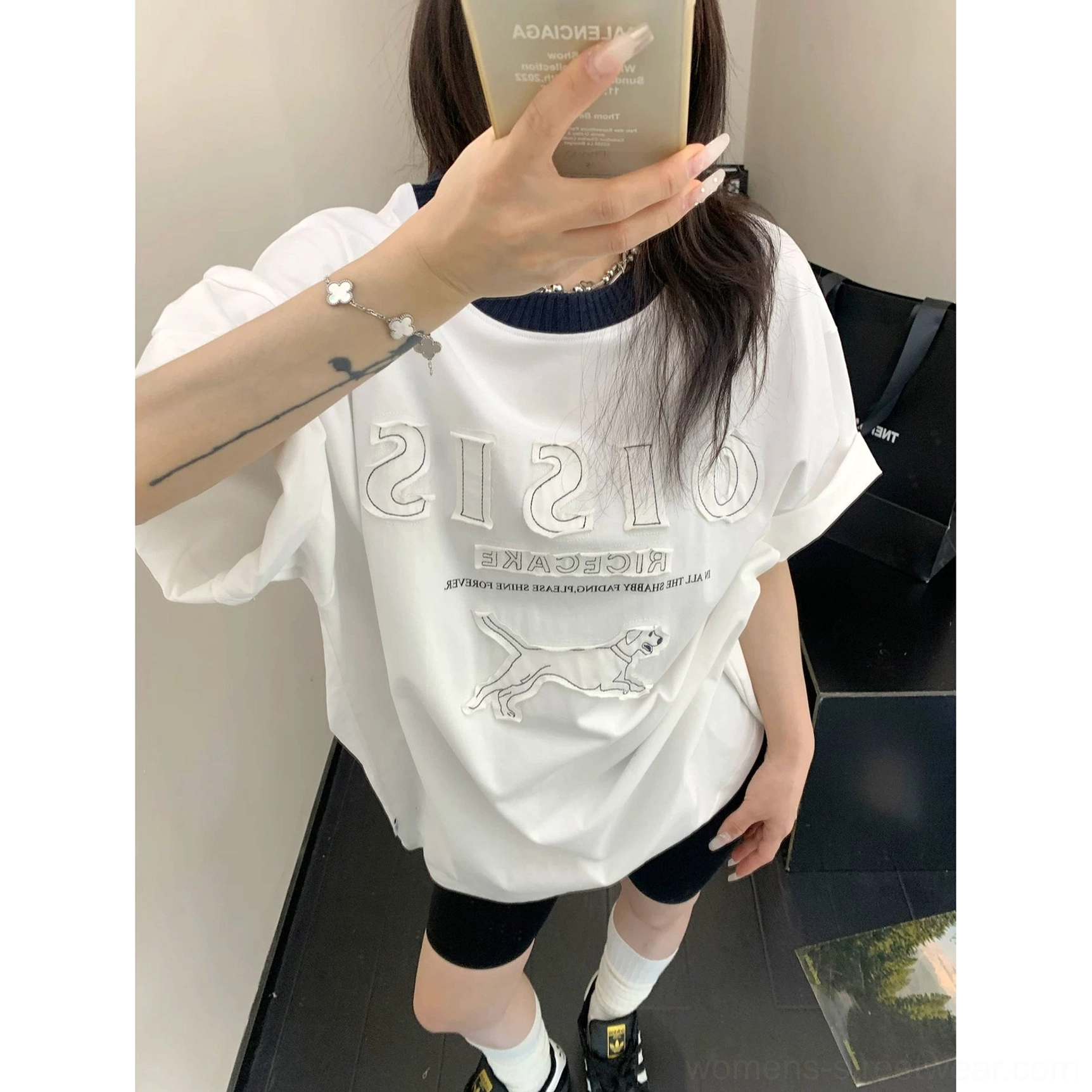 White Midnight Hound oversized streetwear tee with dark contrast crew neck and textured hound graphic