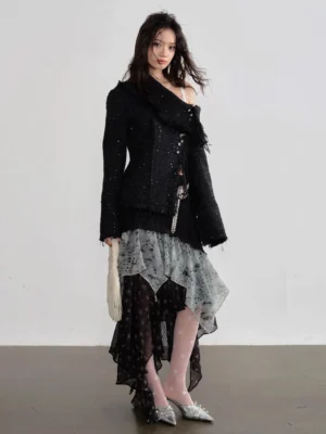 Midnight Mist asymmetrical layered chiffon maxi skirt styled in a dark romantic streetwear outfit, front full body studio view