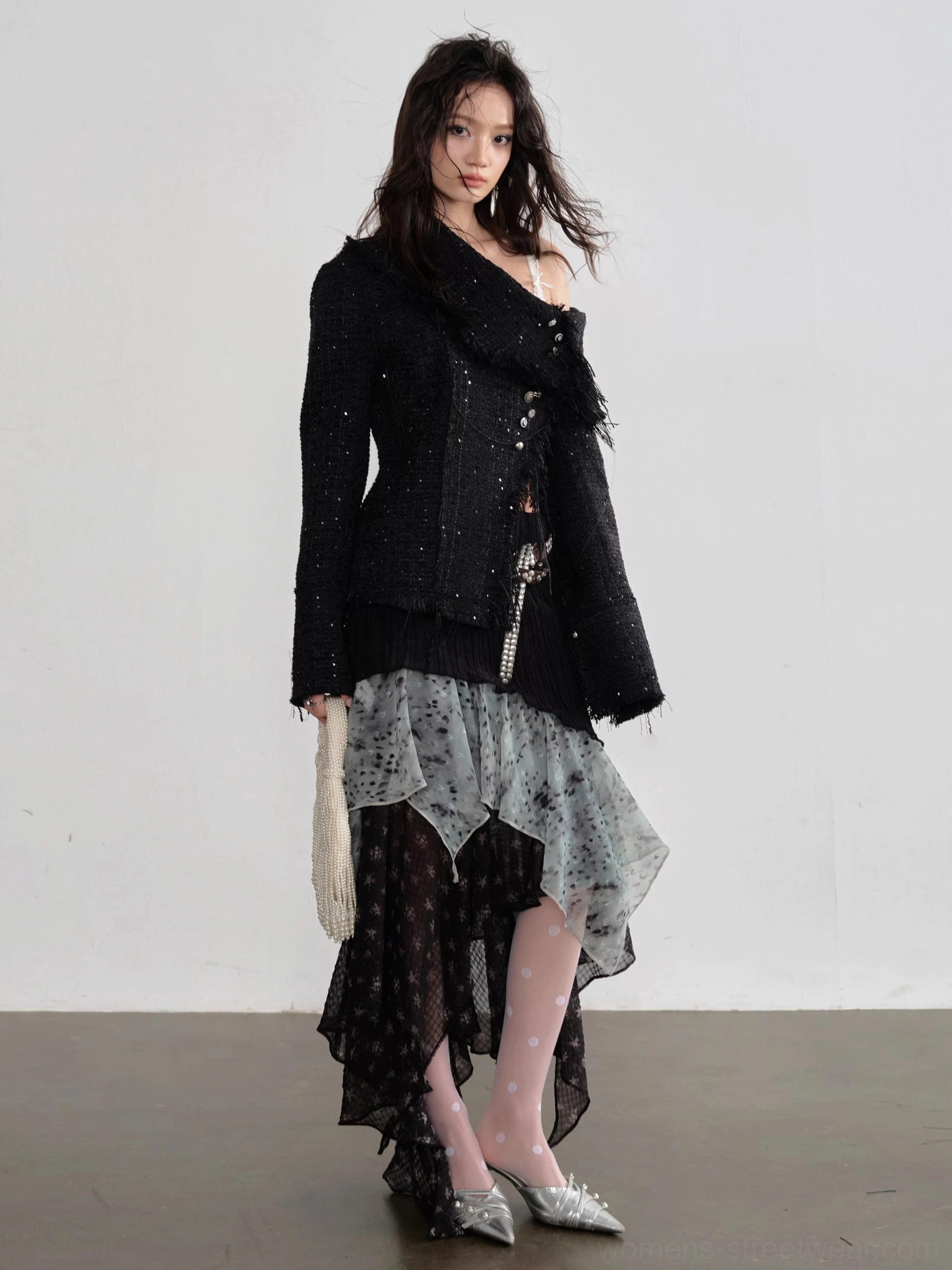 Midnight Mist asymmetrical layered chiffon maxi skirt styled in a dark romantic streetwear outfit, front full body studio view