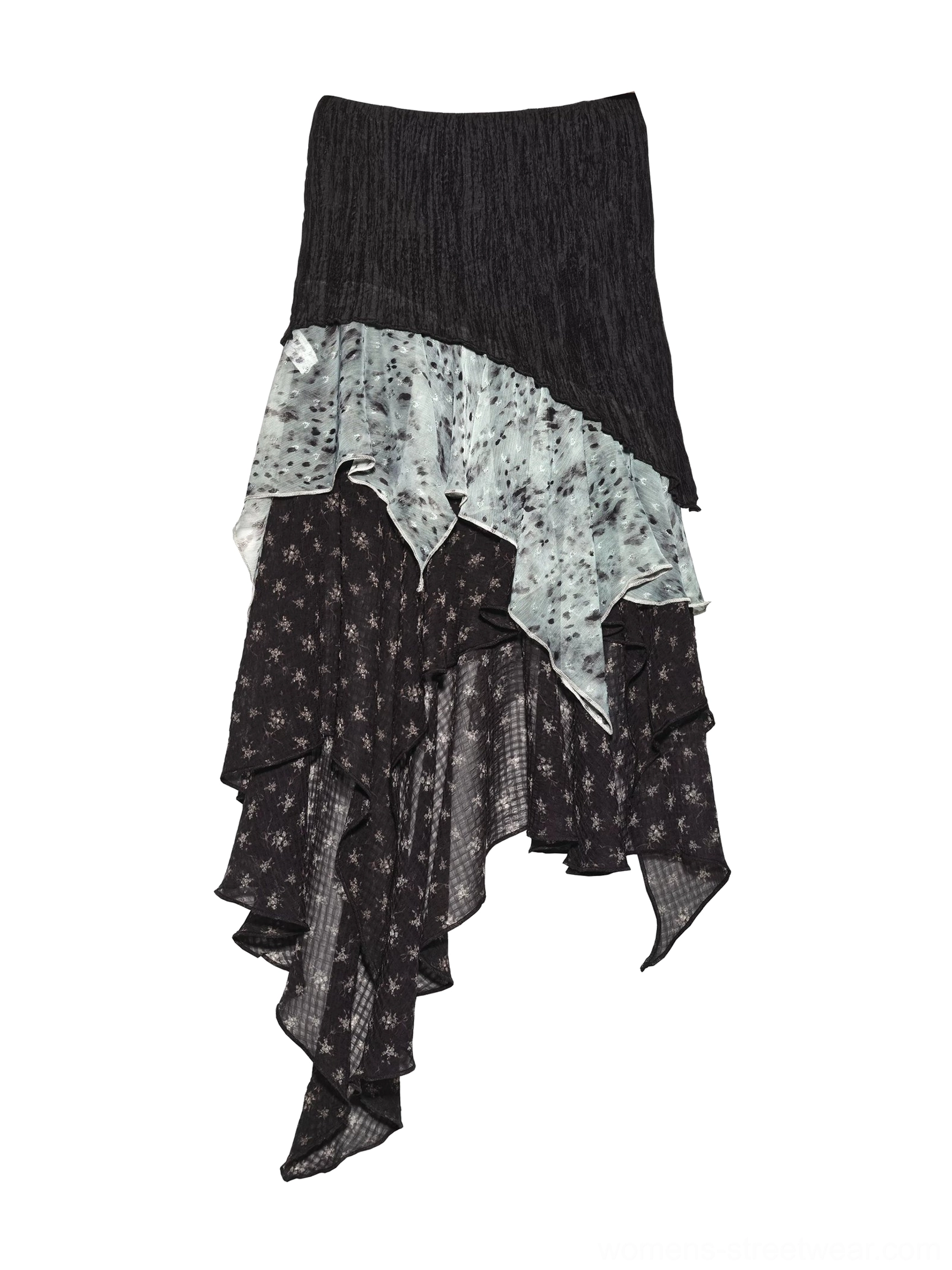 Standalone black Midnight Mist asymmetrical layered chiffon maxi skirt flat lay showing blue grey print and sheer star floral hem