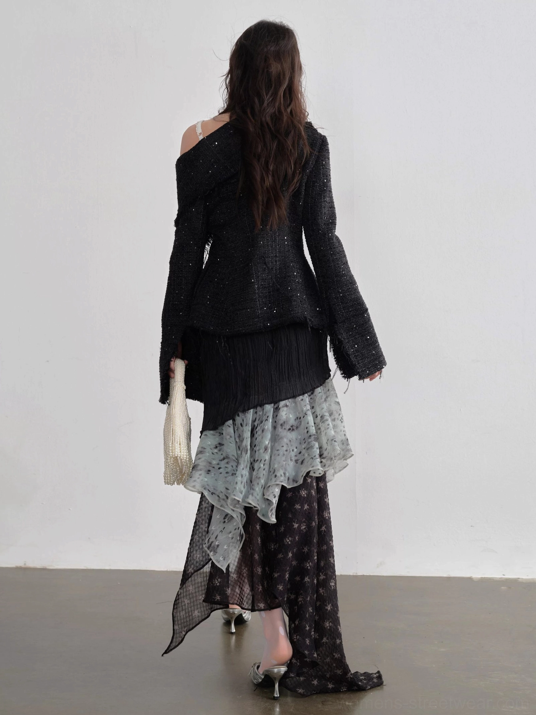 Back view of Midnight Mist layered chiffon maxi skirt showing the long asymmetrical pointed hem and flowing dark streetwear drape