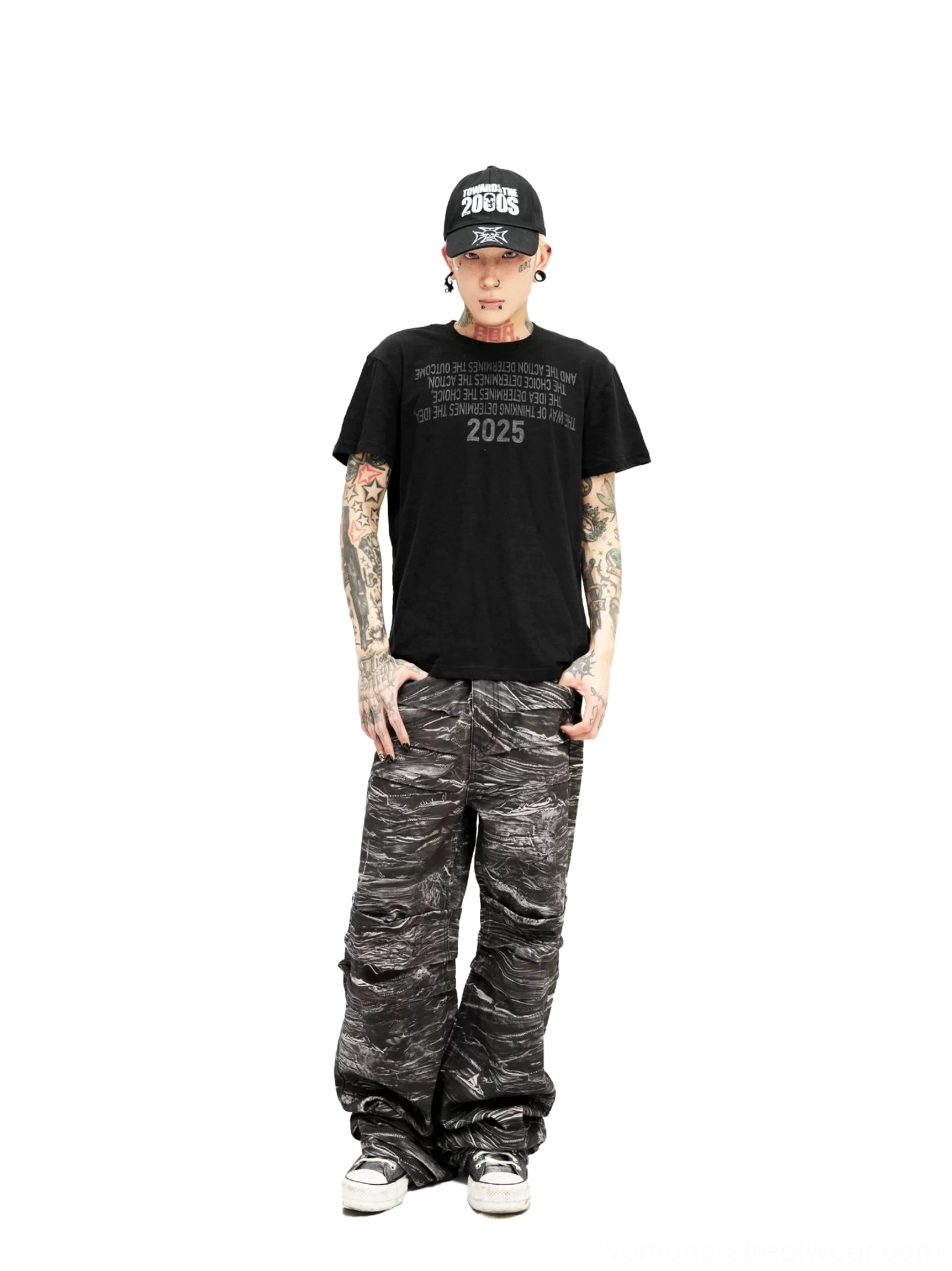 Black Midnight Outcome graphic streetwear T-shirt with dark 2025 chest print and wide-leg camouflage cargo pants