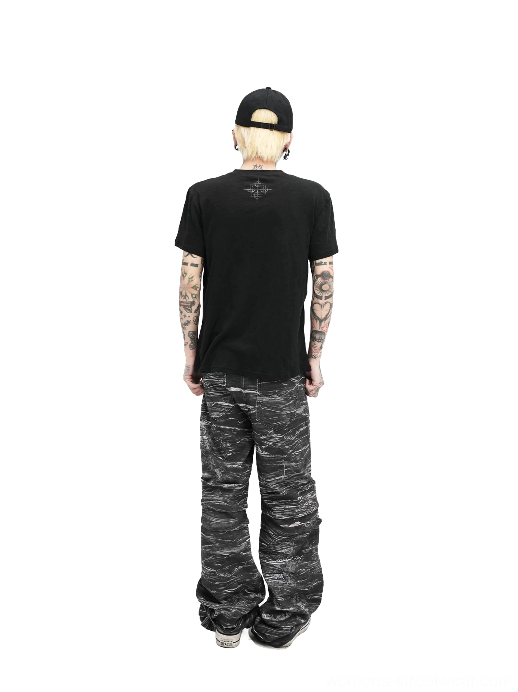 Back view of a black Midnight Outcome crew neck T-shirt styled with tiger stripe camouflage wide-leg cargo pants