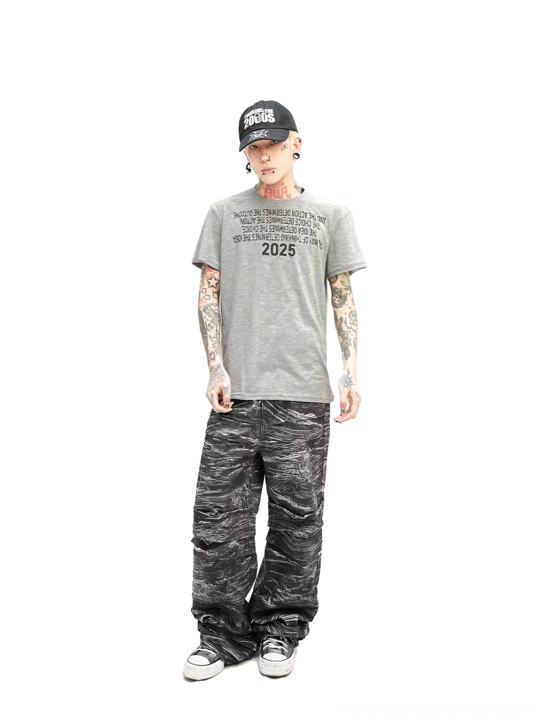 Heather gray Midnight Outcome 2025 graphic tee with dark red chest typography in an urban streetwear outfit