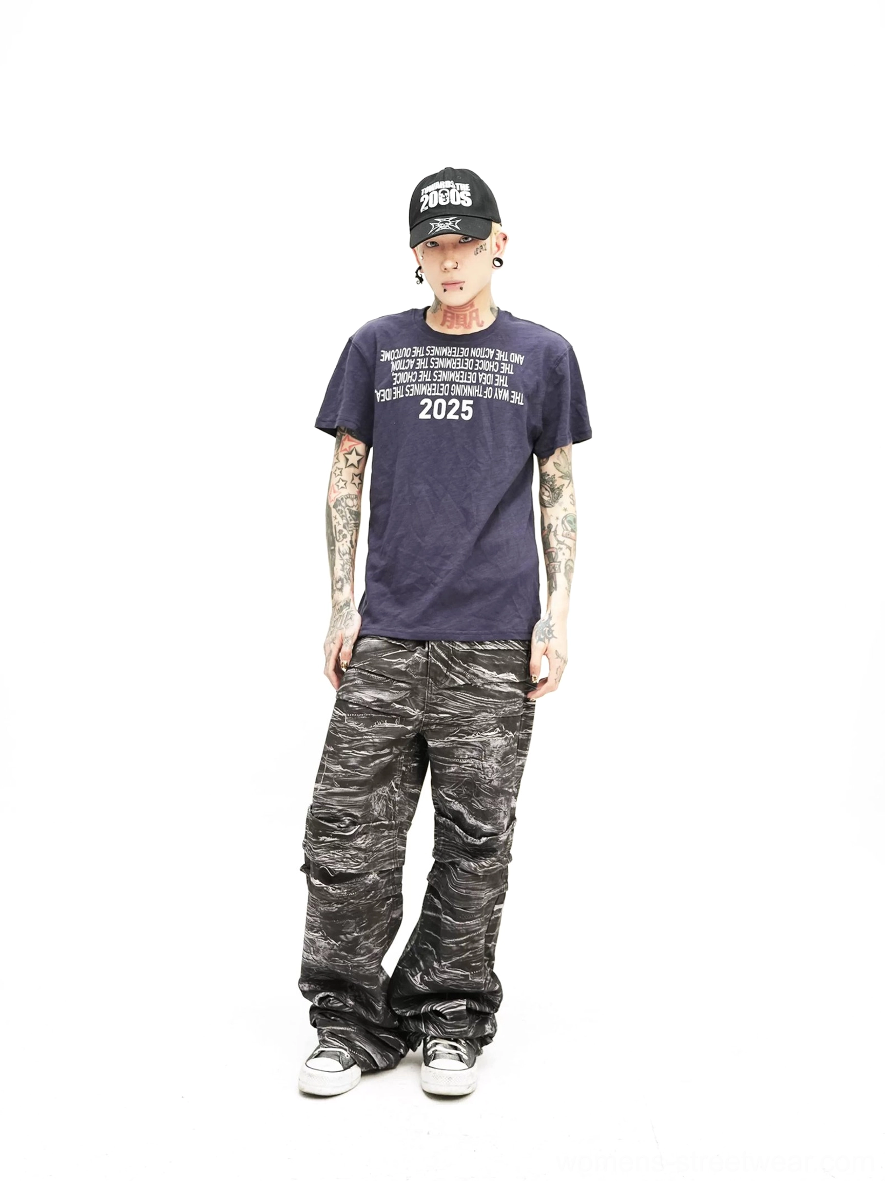 Dark navy Midnight Outcome 2025 graphic T-shirt with contrasting white chest typography and streetwear styling