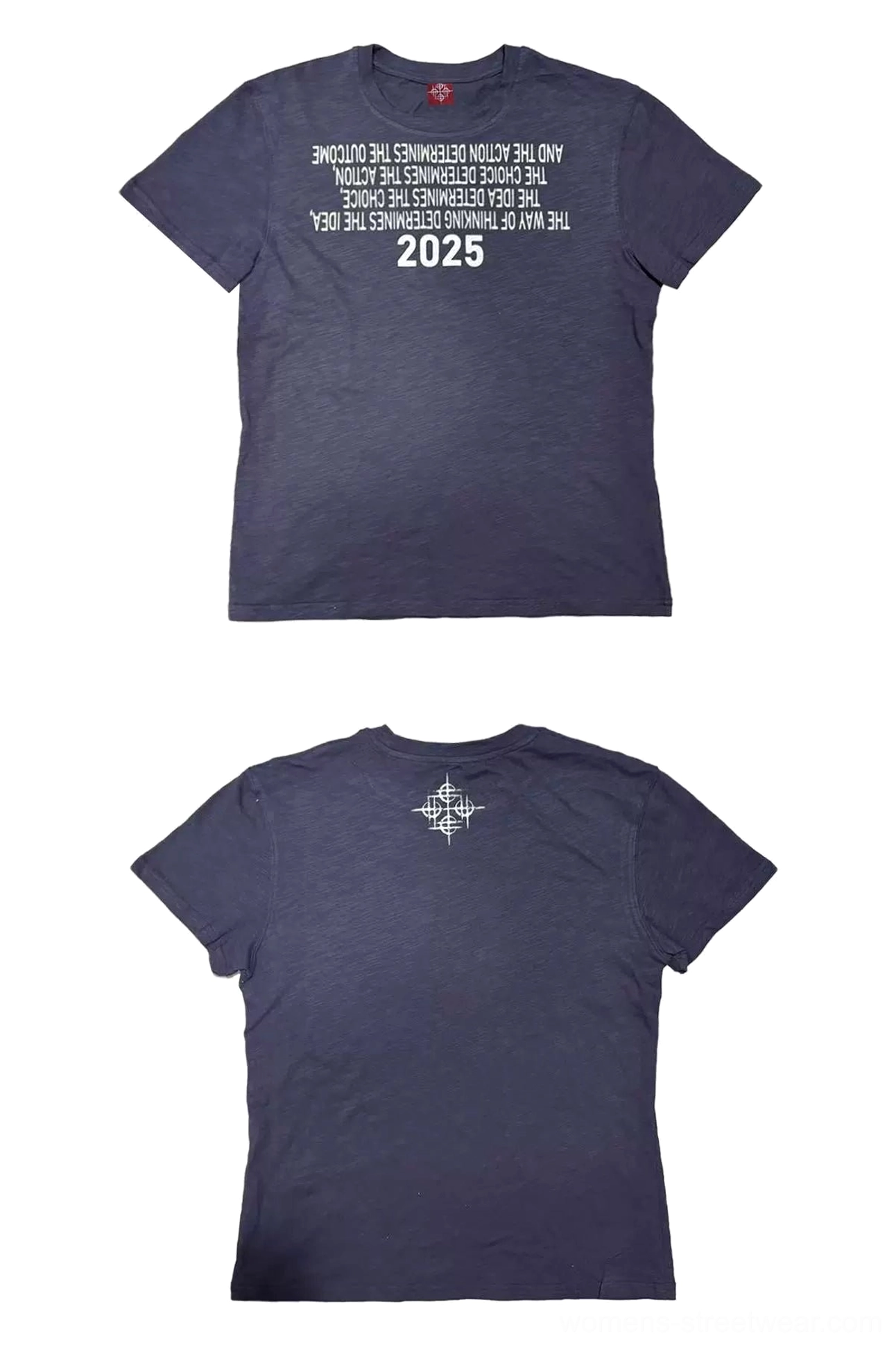 Midnight Outcome 2025 purplish blue graphic T-shirt product image with gothic-inspired streetwear typography