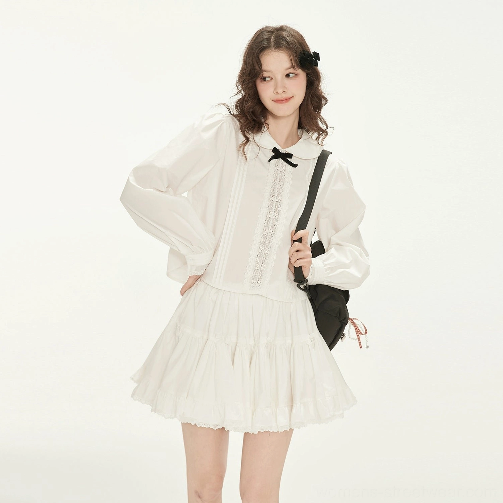 Milk white Peter Pan collar long sleeve blouse separate top with delicate lace trim