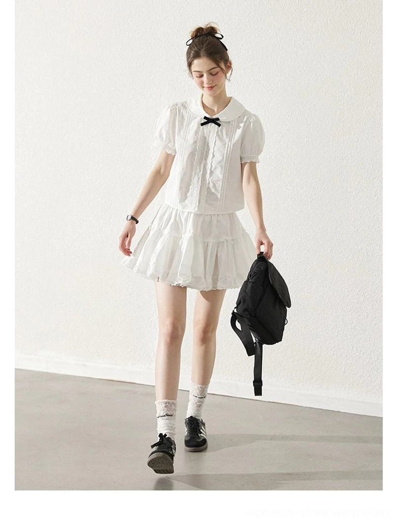 Milk white long sleeve Peter Pan collar blouse separate Korean sweet academia top front view