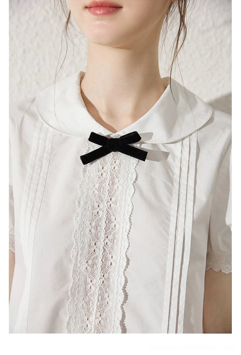 Milk white Peter Pan collar blouse with contrast black bow and ruffle skirt Korean fashion outfit