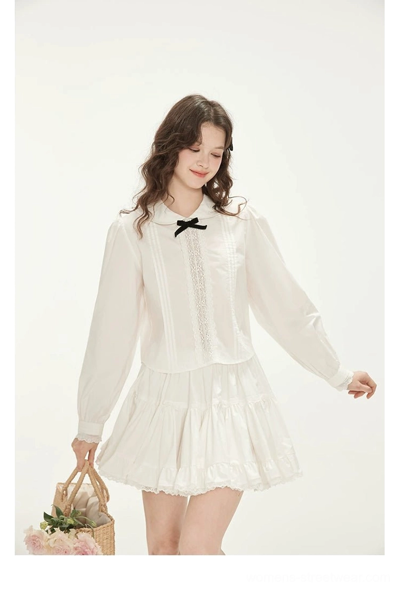 Milk white black bow Peter Pan collar blouse and ruffle mini skirt outfit styling detail