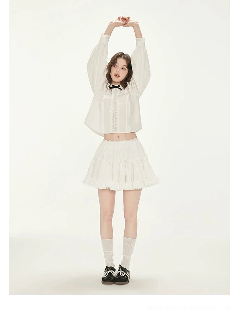 Milk white cropped long sleeve Peter Pan collar blouse and ruffle mini skirt back view Korean streetwear