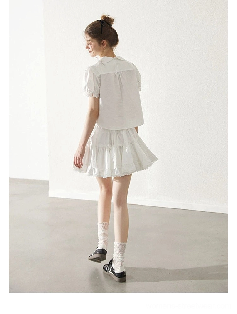 Milk white Peter Pan collar blouse and ruffle mini skirt feminine Seoul streetwear outfit
