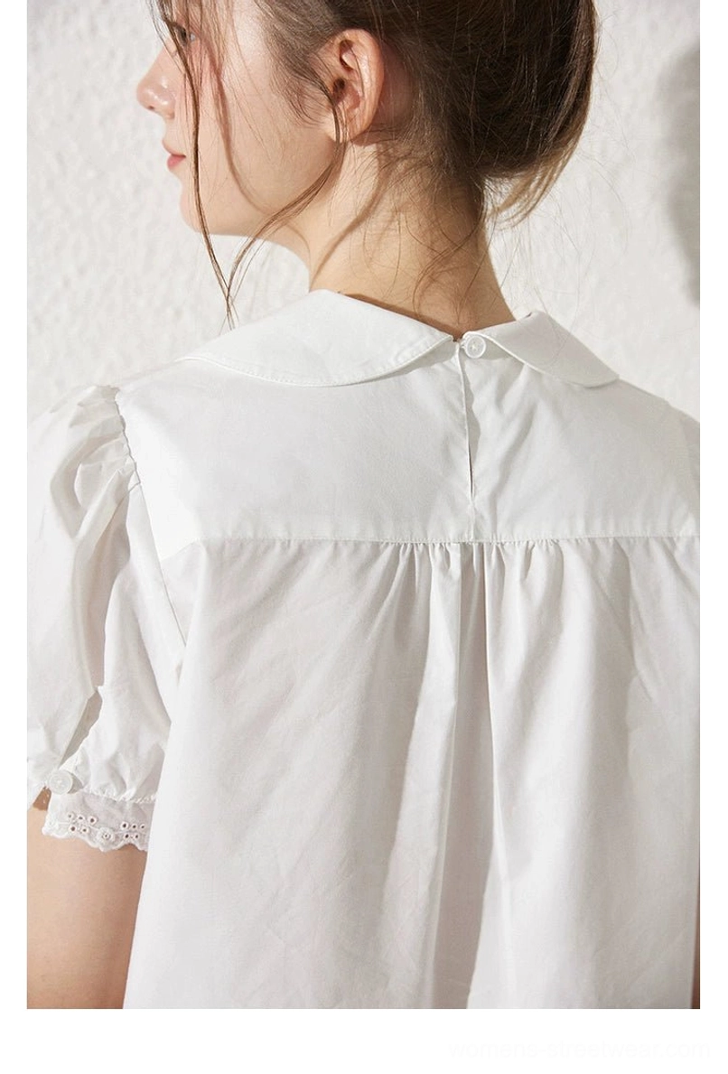 Milk white Peter Pan collar blouse lace trim and ruffle skirt coordinated Korean style separates