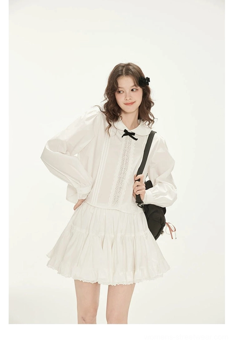 Milk white lace trim blouse with black bow collar and flowing ruffle mini skirt Seoul fashion outfit