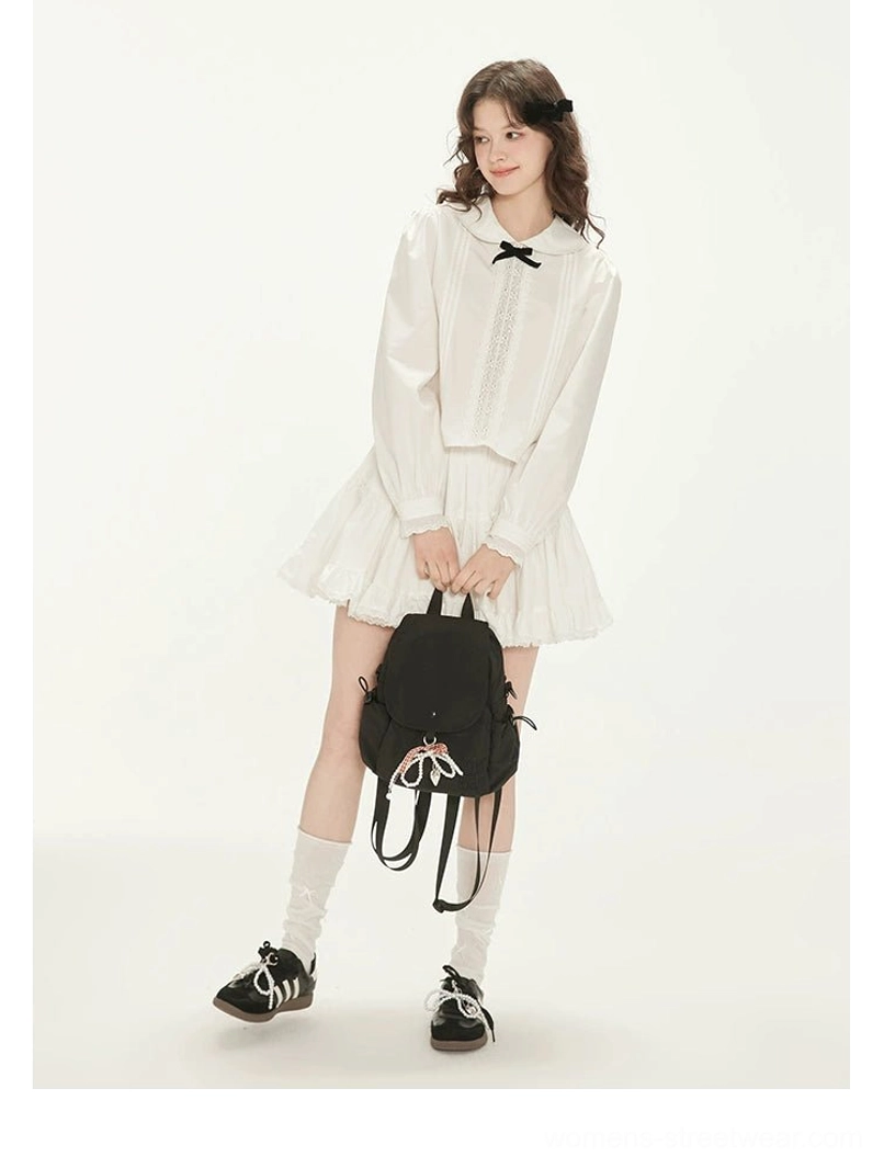 Milk white Peter Pan collar blouse and ruffle mini skirt Seoul fashion coordinated separates detail view