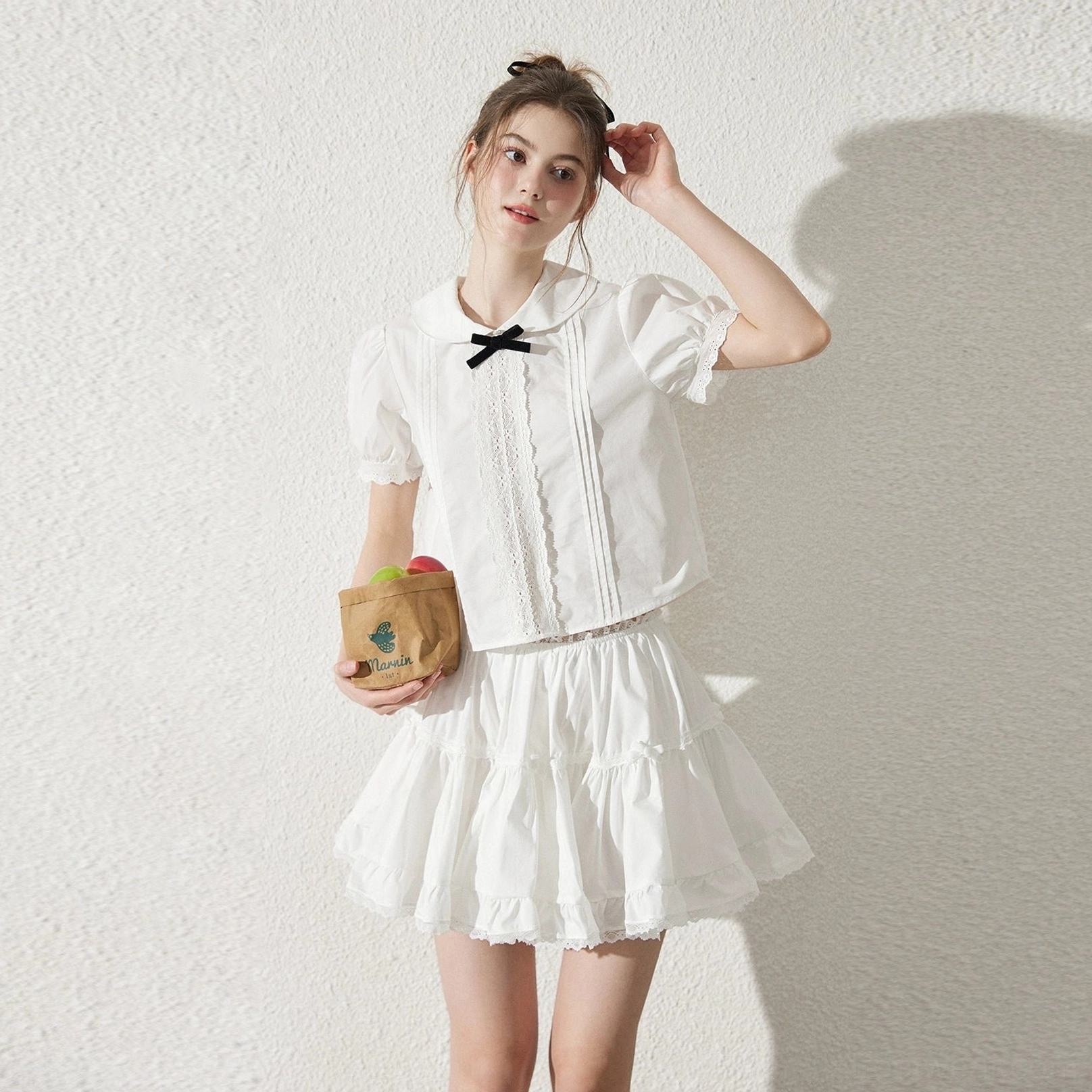 Milk white short sleeve Peter Pan collar blouse separate top with black bow detail