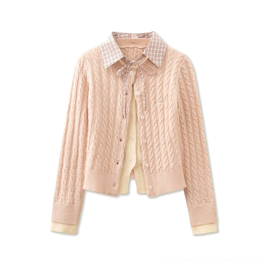 Milky pink cable knit preppy cardigan for women with button front and textured knit Korean style design