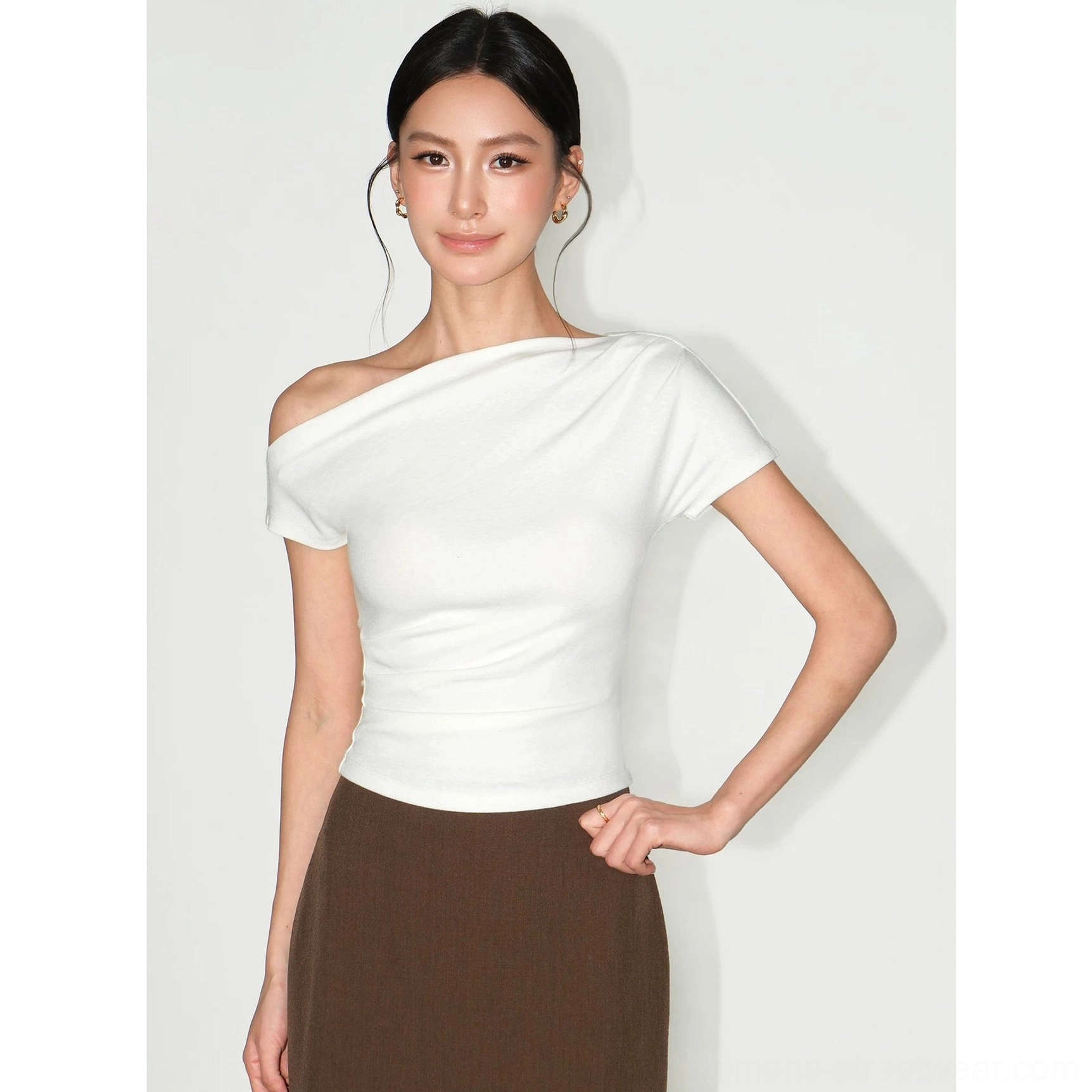Milky white asymmetric one-shoulder slim-fit tee with a soft stretch construction and versatile minimalist design