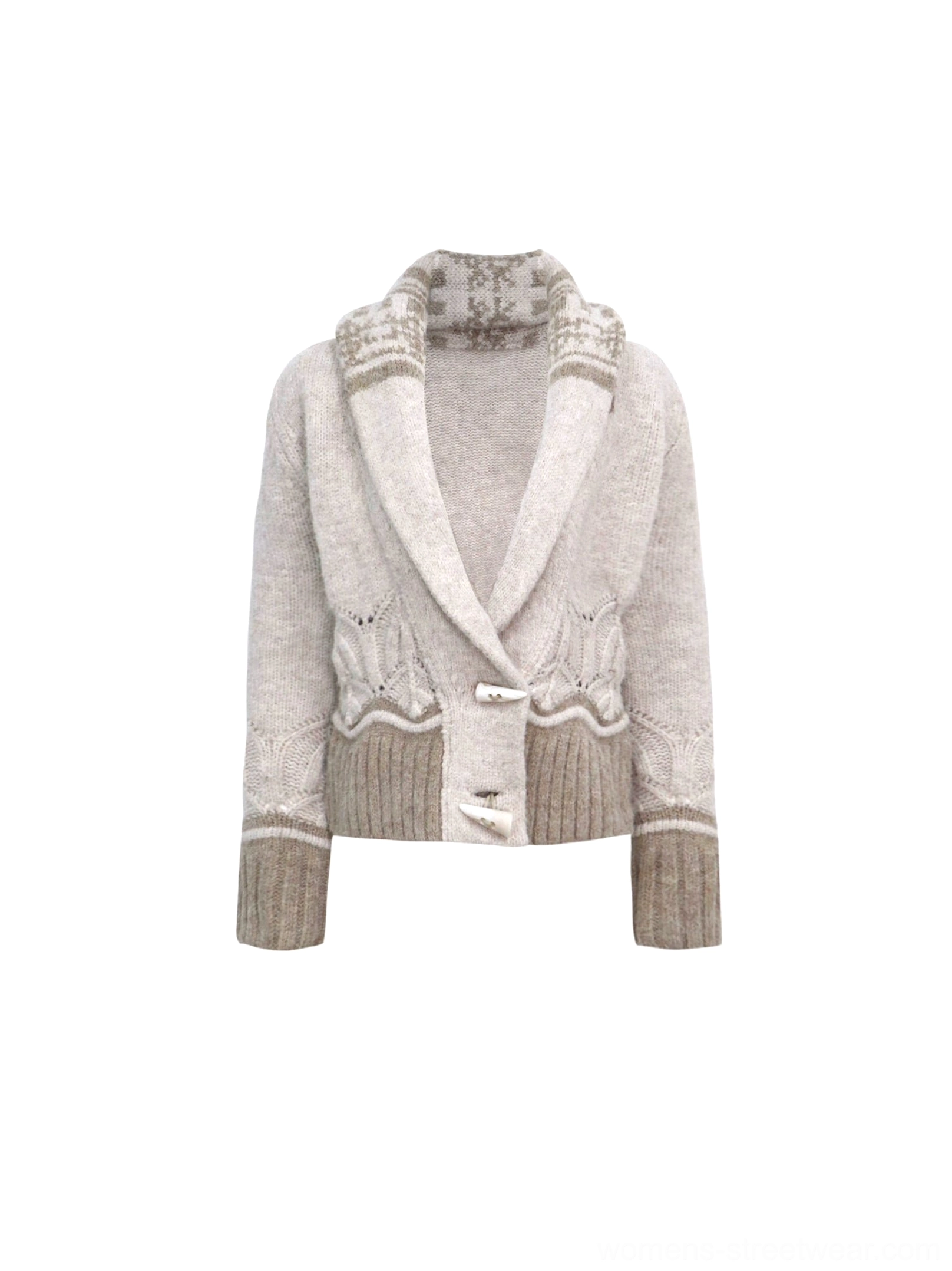Milky white cropped knit blazer cardigan displayed on a white background with Fair Isle snowflake shawl collar, ribbed hem, ribbed cuffs, toggle fastening, and vintage knit details