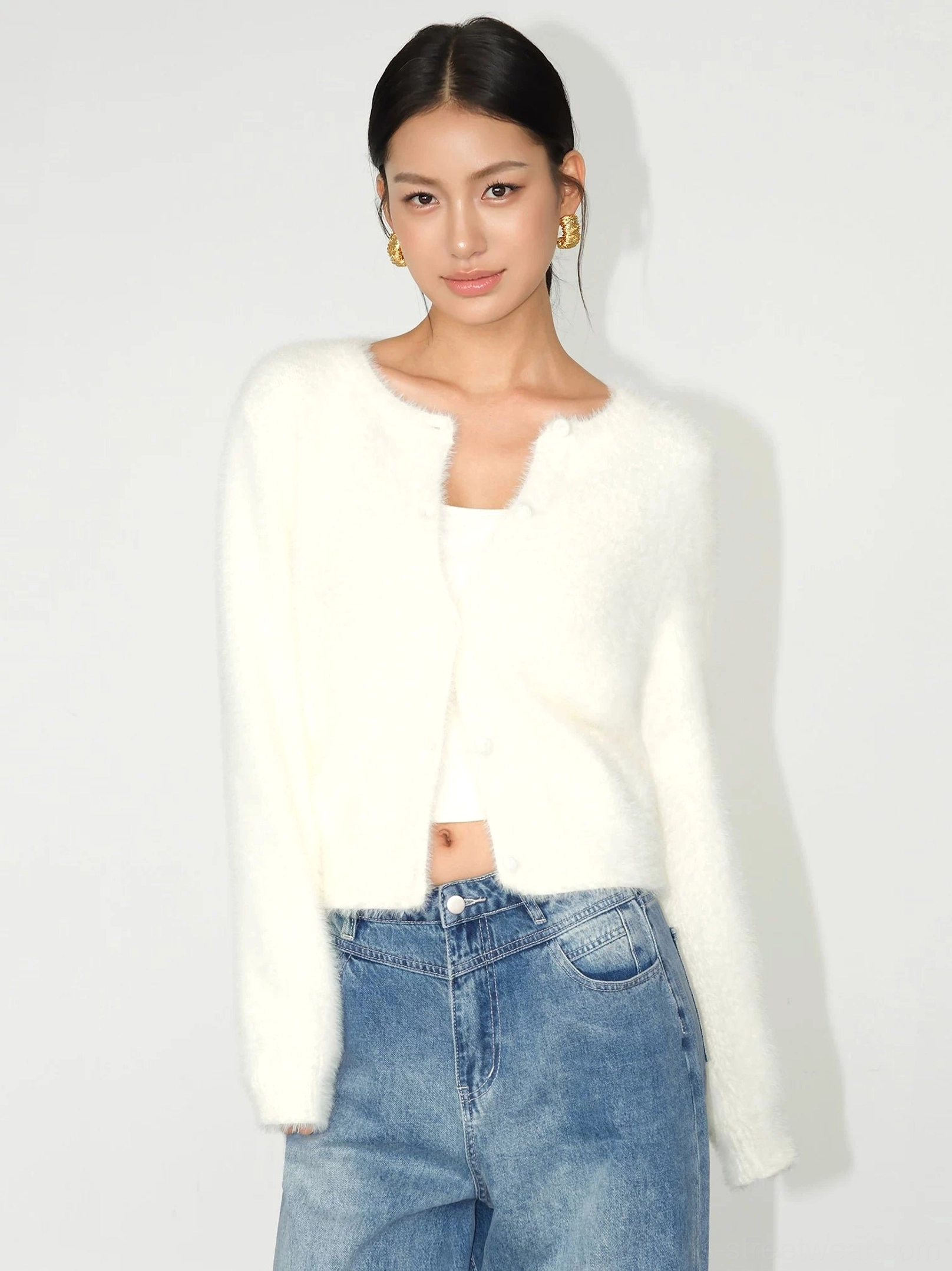 Milky white soft fuzzy cropped cardigan with clean silhouette for Korean street style and minimalist layering