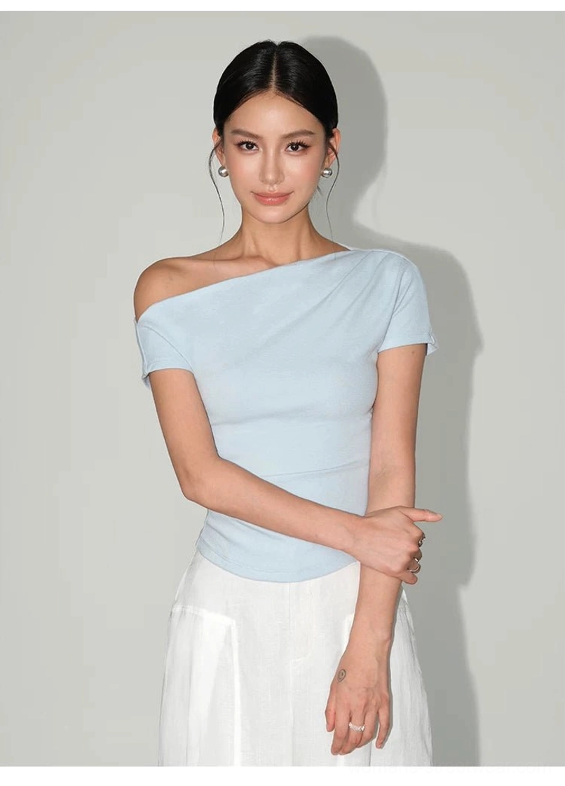 Minimal asymmetric one-shoulder fitted tee highlighting the clean neckline and short-sleeve streetwear design