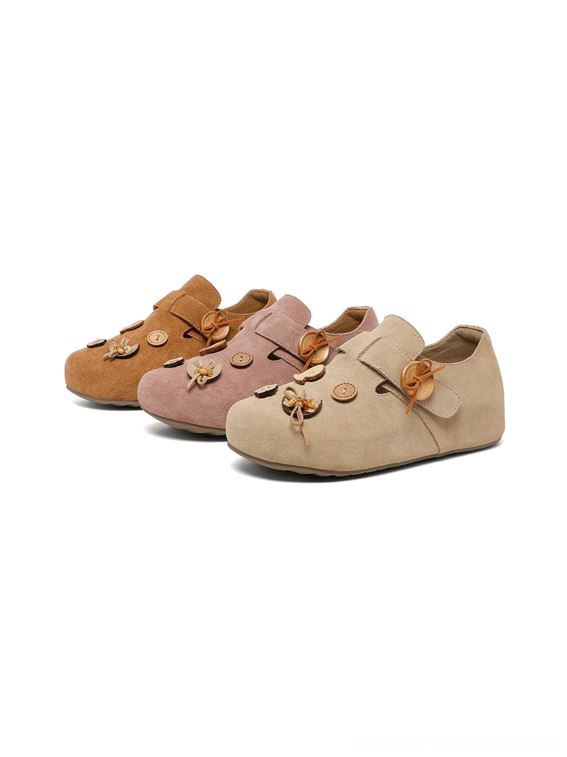 Minimal beige retro slip-on shoes with suede-look texture rounded toe and decorative button fastening