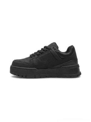 Minimal black chunky platform sneakers shown in a flat side product view with matte leather upper perforated panels lace-up closure and rugged rounded platform sole