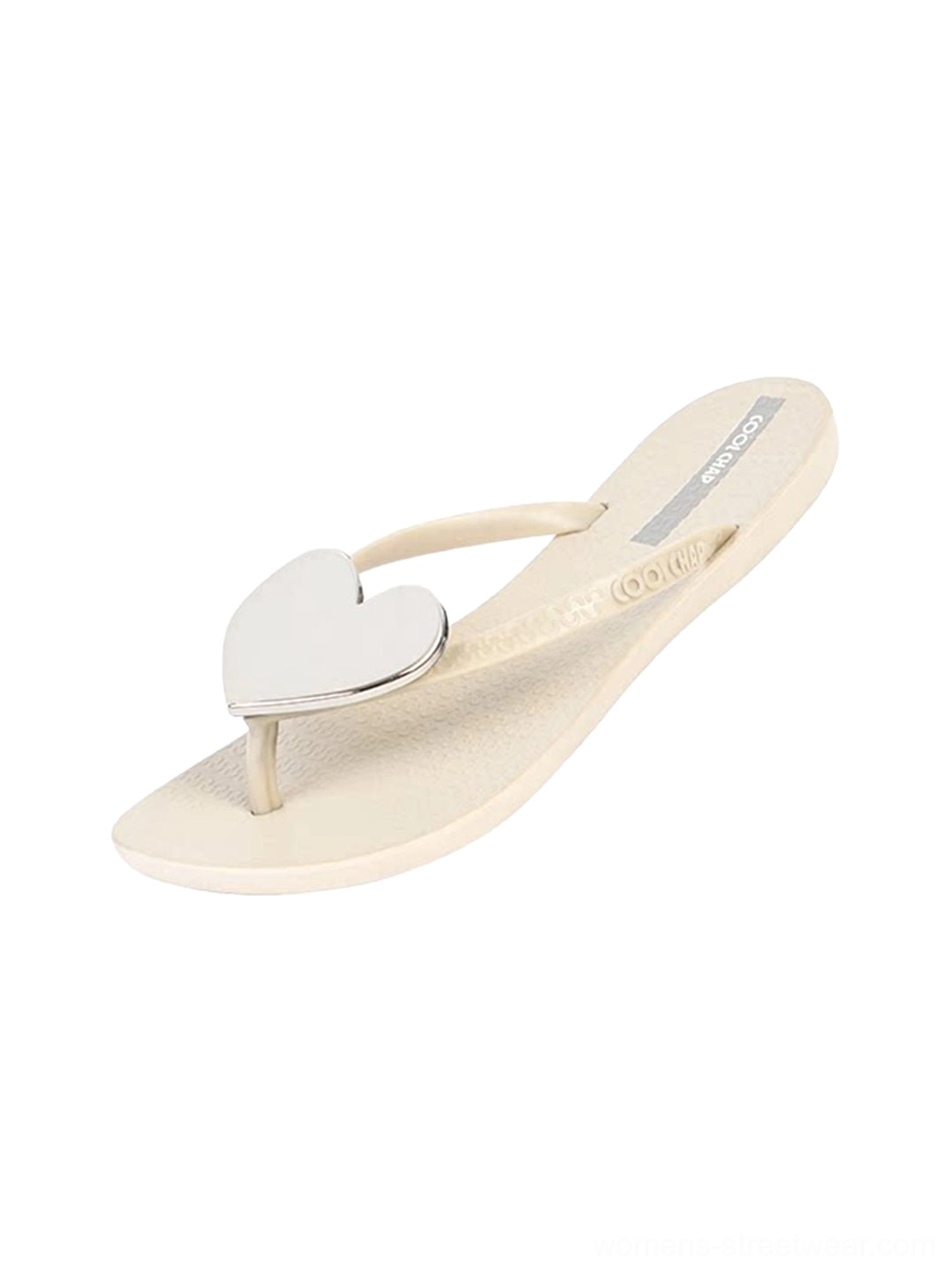 Beige women's heart plaque thong flip-flops with slim straps and textured flat sole