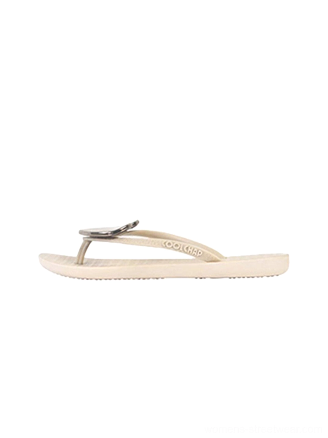 Beige minimal heart plaque thong flip-flops for women shown in side profile on white background