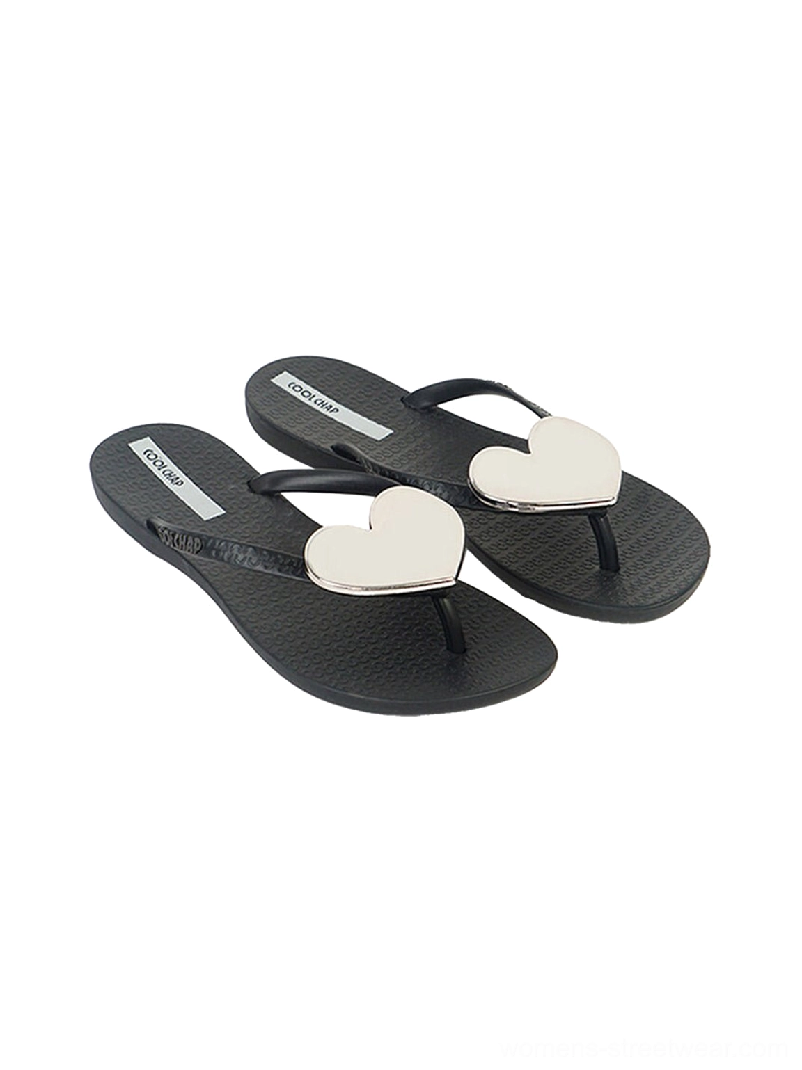 Black women's heart plaque thong flip-flops with slim straps shown from an angled top view
