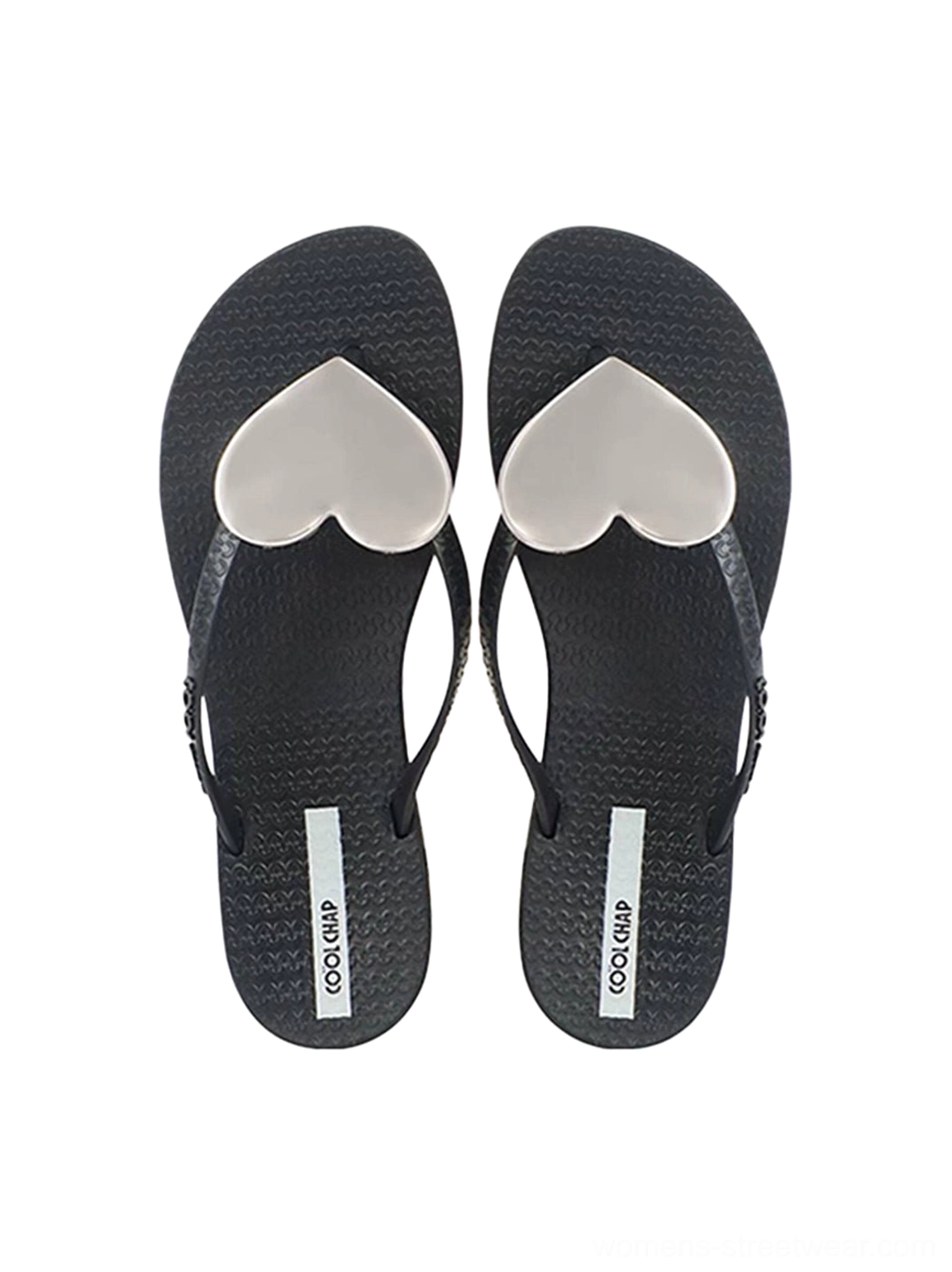 Black minimal heart plaque thong flip-flops for women shown in flat overhead product view