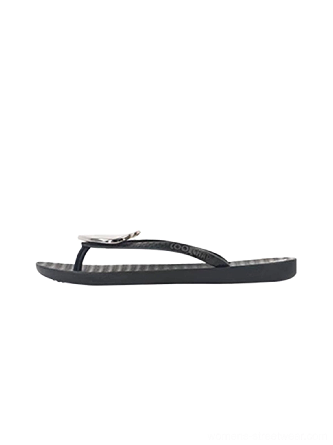 Black minimal heart plaque thong flip-flops for women shown in side profile on white background