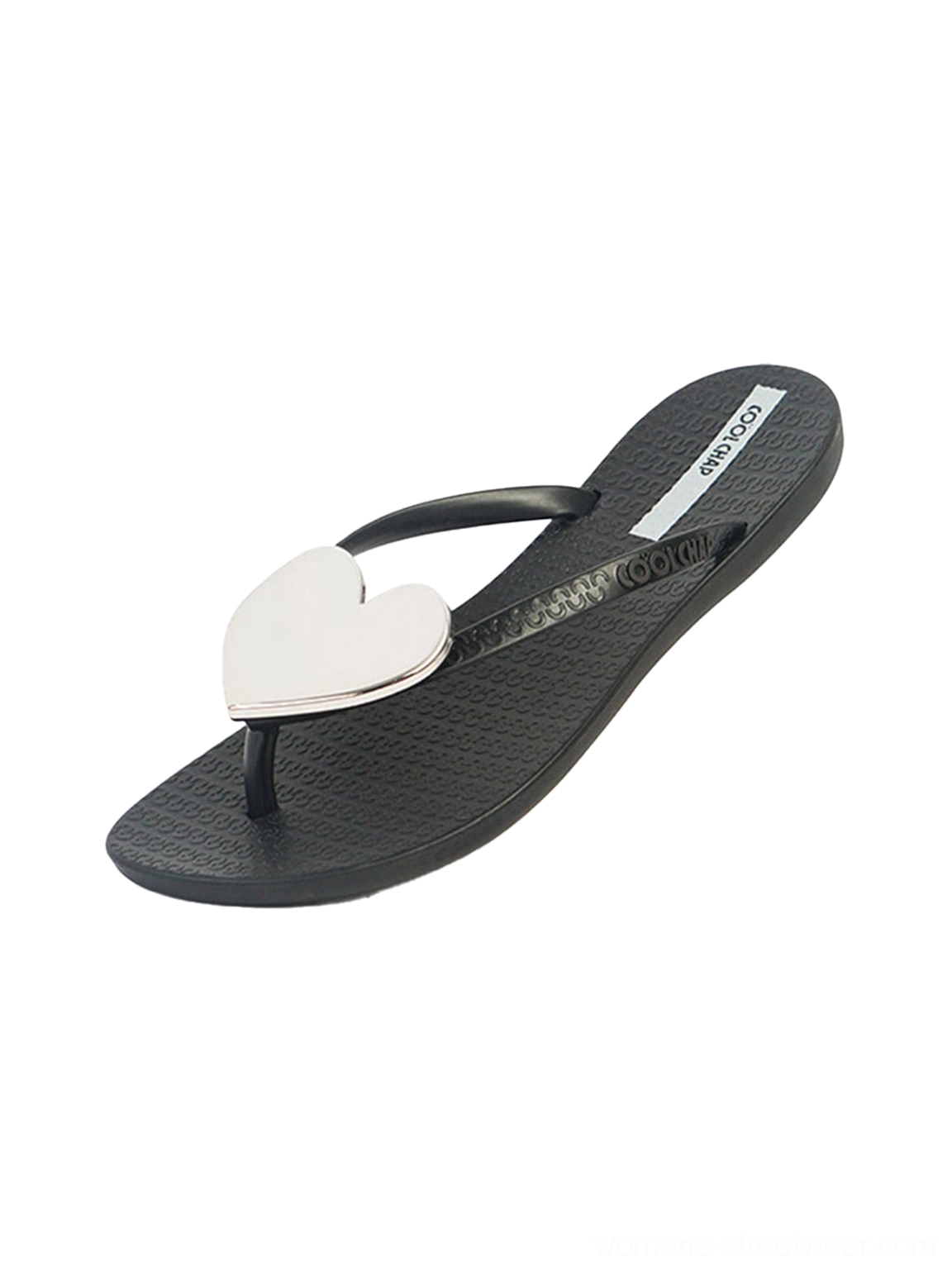 Black heart plaque thong flip-flops for women with polished silver heart strap detail