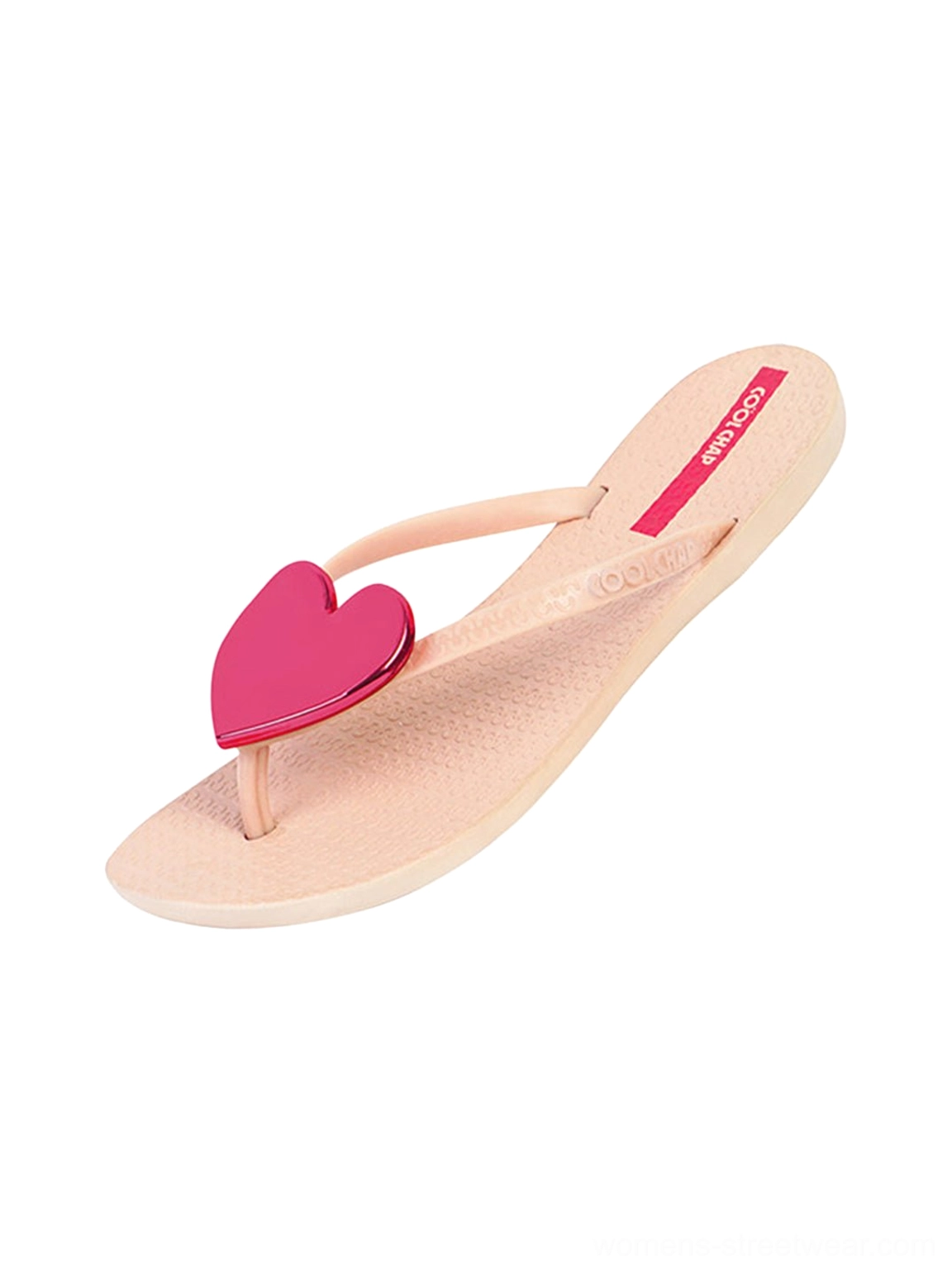 Light nude women's minimal thong flip-flops with glossy heart plaque shown from top angle
