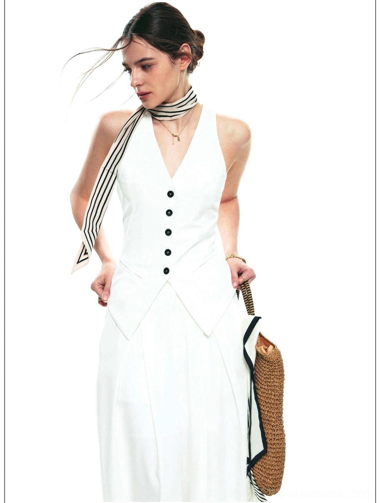 Minimal tailored halter vest set with relaxed wide-leg trousers inspired by Seoul fashion and refined streetwear