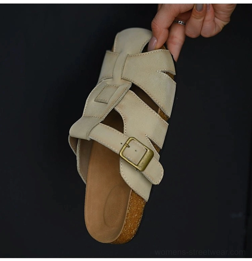 Minimalist beige leather fisherman sandals with breathable cutout upper, neutral off-white color, cushioned footbed, and everyday summer street style