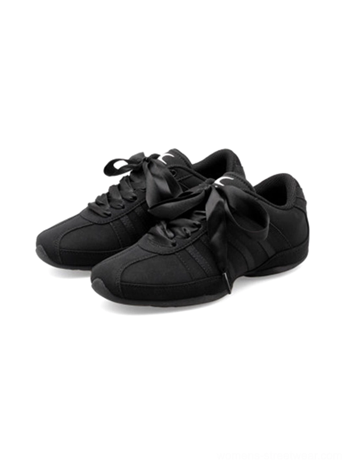 Minimalist black ribbon lace sneakers with a slim rubber sole and versatile Korean-inspired casual styling