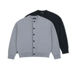 Minimalist drop shoulder wool blend knit cardigan in ash gray and black shown in front flat lay view