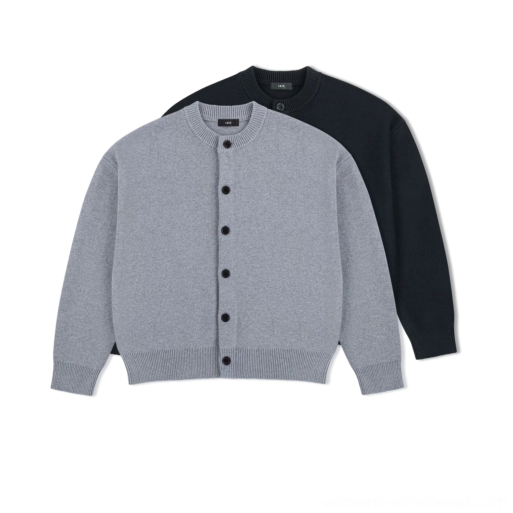 Minimalist drop shoulder wool blend knit cardigan in ash gray and black shown in front flat lay view