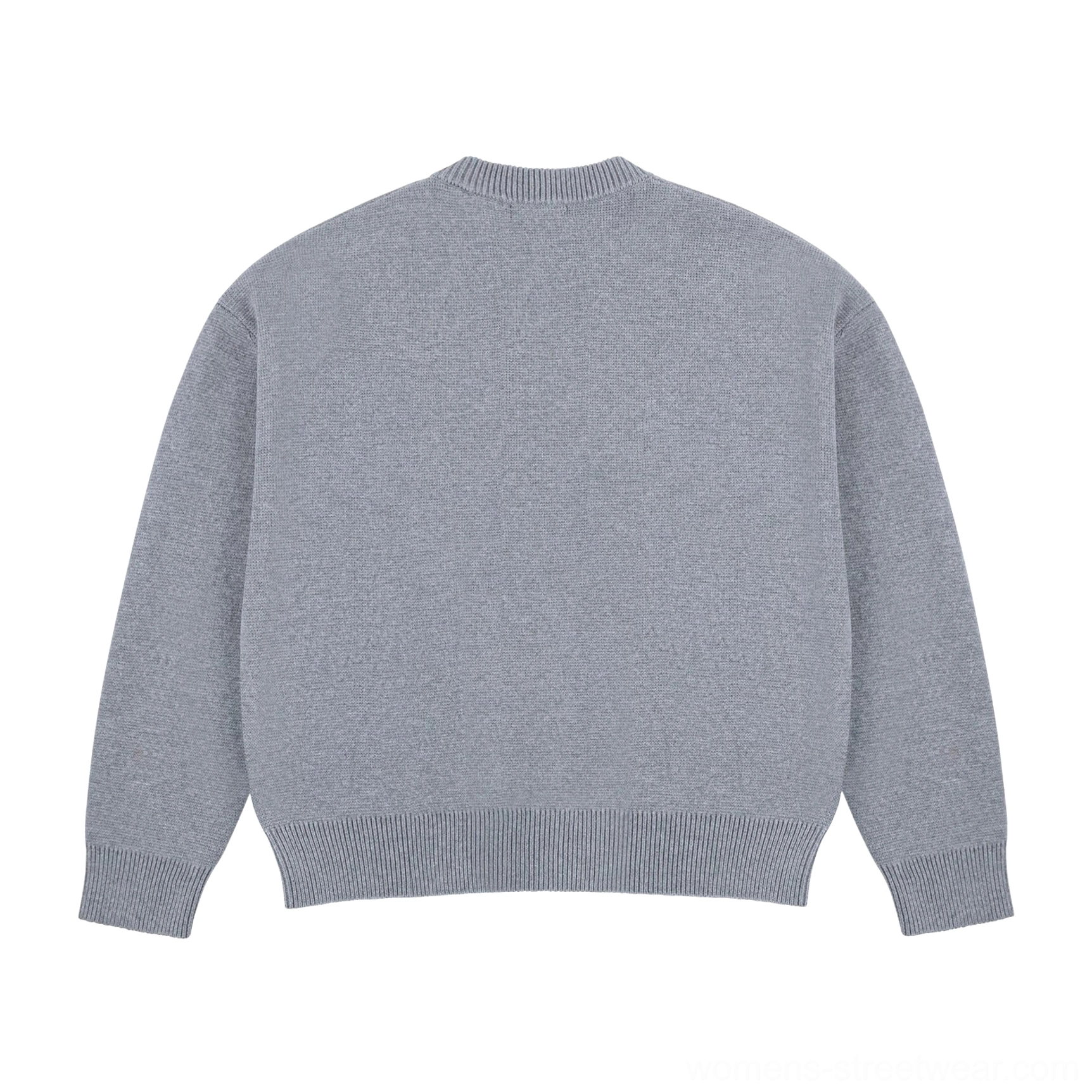 Ash gray minimalist drop shoulder wool blend knit cardigan back view with ribbed crew neck and hem